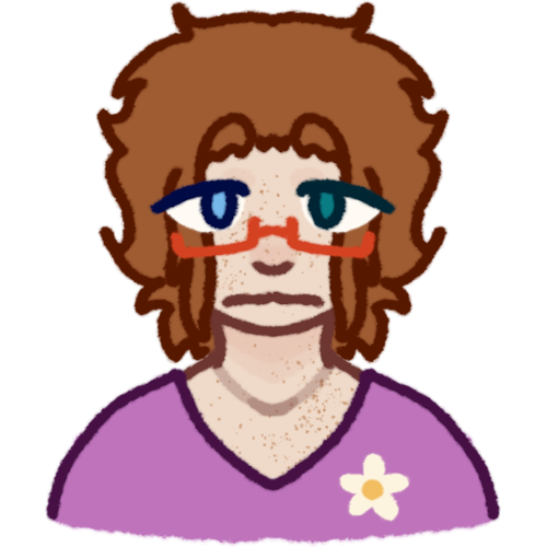 a white freckled person with dirty ginger hair, they have a light blue and teal eye. the person is wearing red glasses and a purple shirt with a daisy on it.